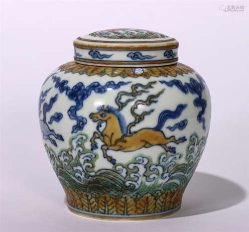 CHINESE BLUE AND WHITE DOUCAI FLYING HORSE LIDDED JAR