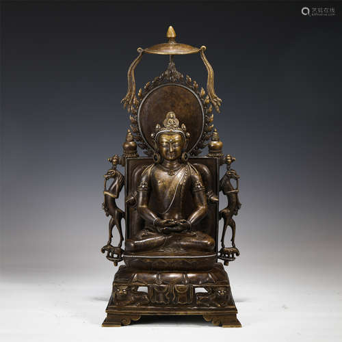 CHINESE ALLOY COPPER INLAID SILVER SITTING BUDDHA STATUE