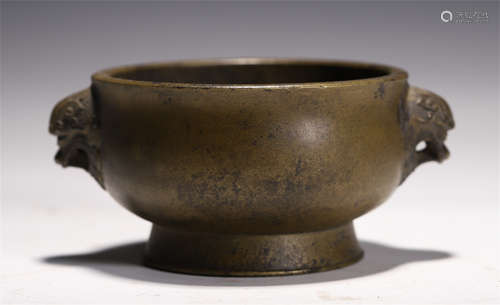 CHINESE BRONZE DOUBLE BEAST HANDLE ROUND CENSER