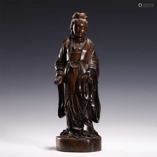 CHINESE RED SANDALWOOD CARVED STANDING GUANYIN STATUE