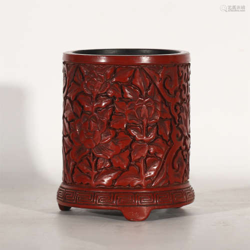 CHINESE CARVED LACQUERWARE FLOWERS PATTERN BRUSH POT