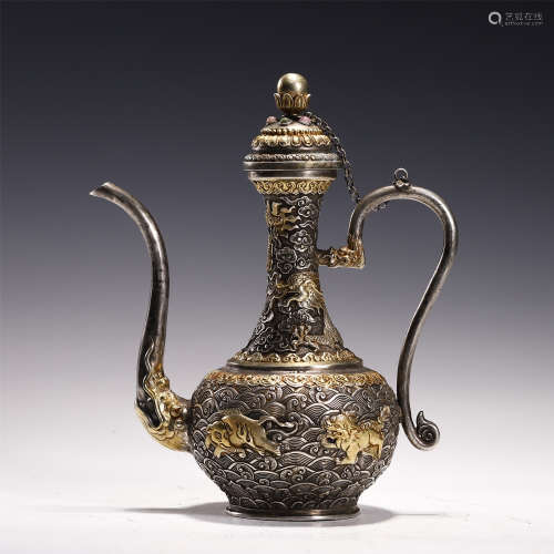 CHINESE RELIEF CARVING BEAST PATTERNS GILT SILVER EWER