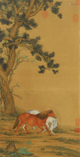 CHINESE COLOR PAINTING OF HORSES AND PINE TREES