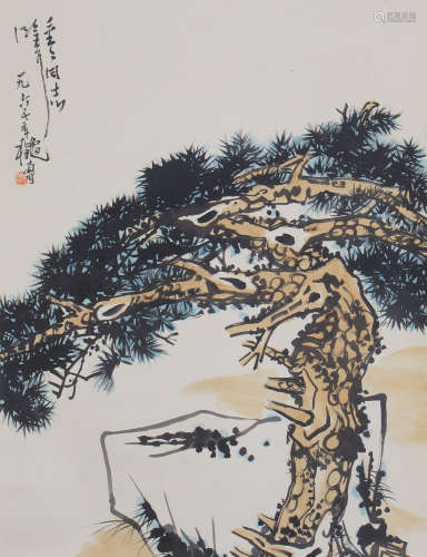 CHINESE LIGHT COLOR INK PAINTING, PINE TREE AND ROCK