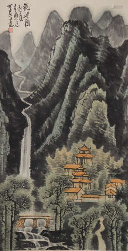 CHINESE LIGHT COLORED PAINTING OF WATCHING THE WATERFALL
