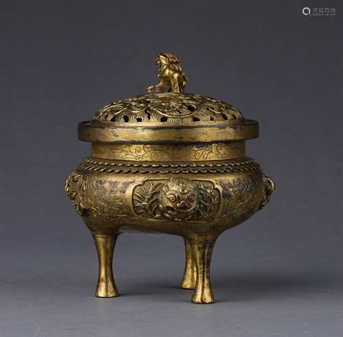 A QING DYNASTY BRONZE GILDED INCENSE BURNER