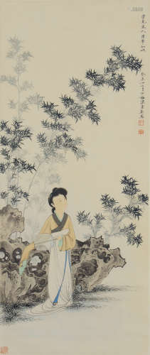 CHINESE LIGHT COLOR PAINTING OF YOUNG LADY AND BAMBOOS