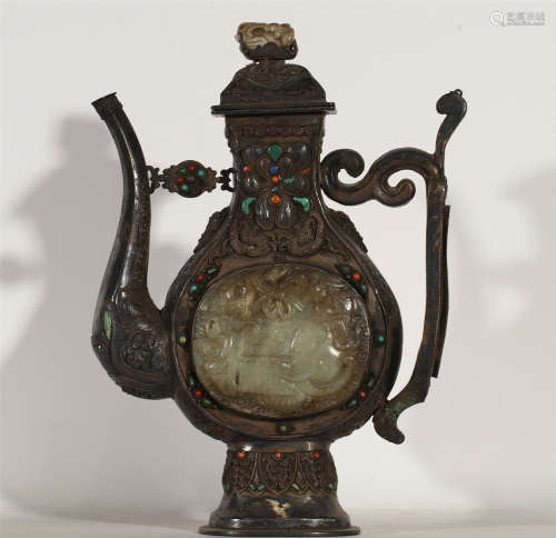 CHINESE INLAID WITH JADE AND GEMS SILVER EWER