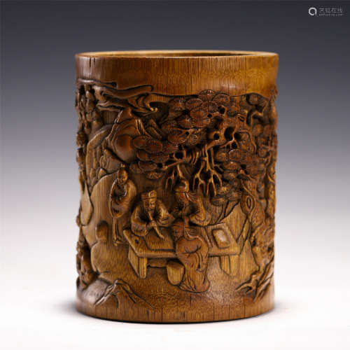 CHINESE ENGRAVED WITH FIGURE STORY BAMBOO BRUSH POT