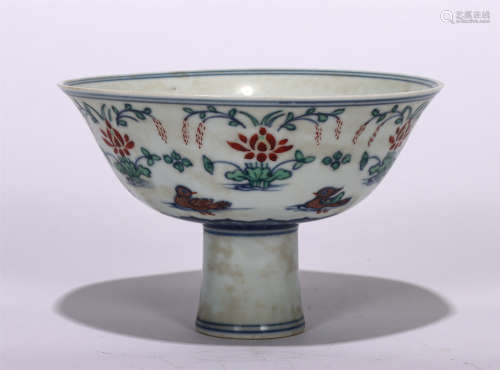CHINESE BLUE & WHITE DOUCAI FLOWER&BIRD HIGH-FOOTED BOWL