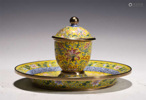 CCHINESE PAINTED ENAMEL FLOWERS LIDDED BOWL AND SAUCER