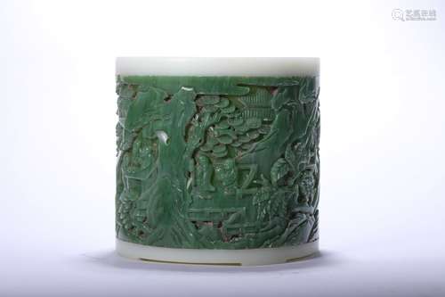 A QING DYNASTY CARVED GREEN JADE BRUSH POT