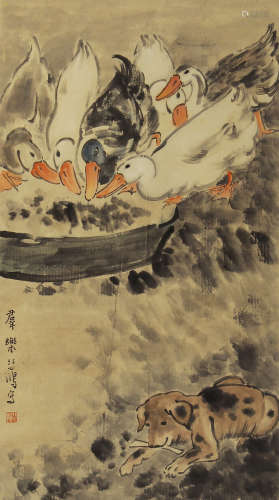 CHINESE LIGHT COLOR INK PAINTING OF DOG AND DUCKS