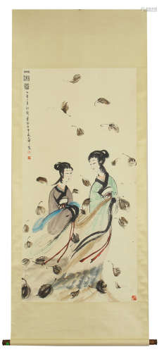 CHINESE LIGHT-COLOR PAINTING HANGING SCROLL, TWO LADIES