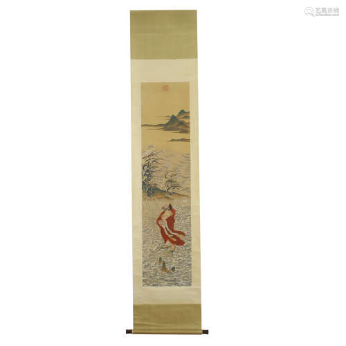 CHIENSE COLOR PAINTING HANGING SCROLL OF MYTHICAL FIGURE