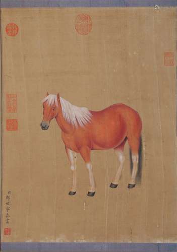 AN ANCIENT CHINESE HORSE PAINTING, LANG SHINING MARKED