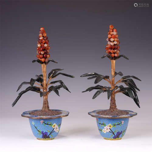 PAIR OF CHINESE ENAMEL FLOWERPOT WITH GEMSTONES POTTED LANDSCAPE