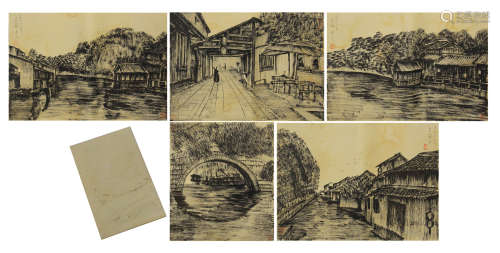 FIVE PAGES OF CHINESE HAND PAINTING OF JIANGNAN WATER TOWN