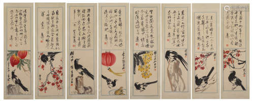EIGHT PANELS OF CHINESE SCROLL PAINTING OF BIRD FLOWERS AND CALLIGRAPHY