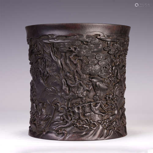 A CHINESE ZITAN BRUSH POT CARVED LONGEVITY CRANE