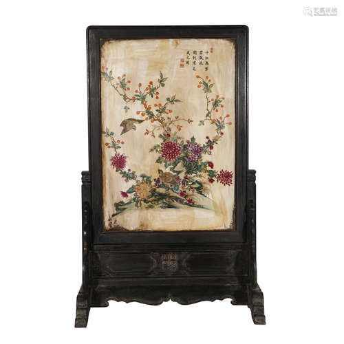 CHINESE ZITAN INLAID PORCELAIN PANEL TABLE SCREEN PAINTED FLOWER AND BIRD PATTERN