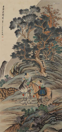 CHINESE SCROLL PAINTING OF RIDING HORSE IN THE MOUNTAIN