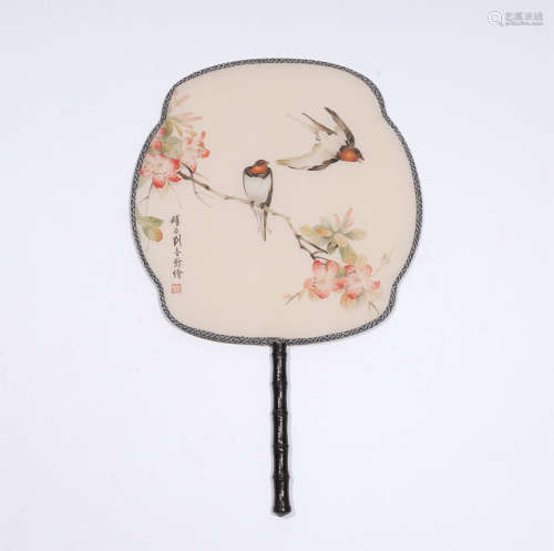 A CHINESE PAINTING OF FLOWER AND BIRD FINE WORK ON CIRCULAR FAN