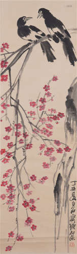 CHINESE SCROLL OF PAINTING MAGPIES IN PLUM BLOSSOM