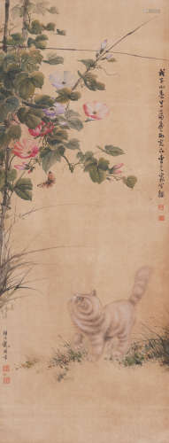 CHINESE SCROLL PAINTING OF CAT UNDER FLOWERS