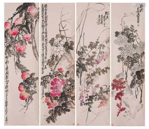 FOUR PANELS OF CHINESE SCROLL COLORFUL PAINTING OF FLOWERS FINE WORK