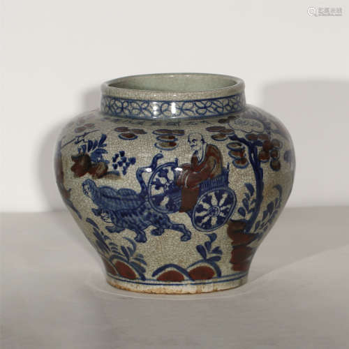 CHINESE BLUE AND WHITE AND PURPLE JAR WITH FIGURE STORY PATTERN