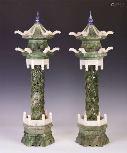 PAIR OF CHINESE SPINACH JADE PAVILION STYLE INCENSE CAGE WITH FULL CARVING