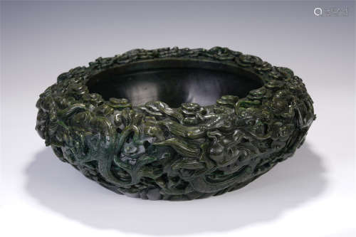 A CHINESE SPINACH JADE LARGE BRUSH WASHER CARVED CLOUD DRAGON PATTERN