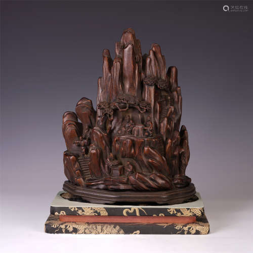 A CHINESE AGARWOOD BOULDER TABLE ITEM CARVED MOUNTAINS FIGURE STORY