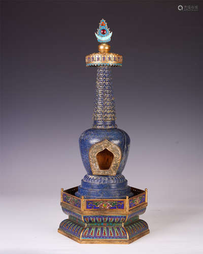 A CHINESE LAPIS INLAID ENAMEL BUDDHA TOWER