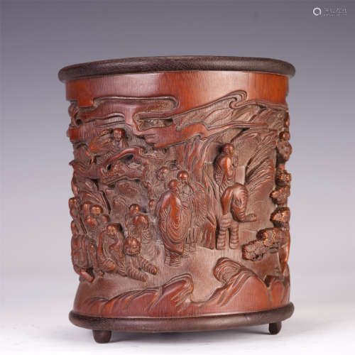 A CHINESE BAMBOO BRUSH POT CARVING MOUNTAINS FOREST GAOSHI