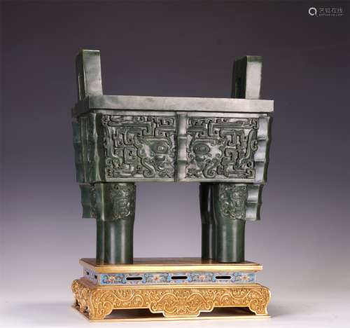 A CHINESE SPINACH JADE DING STYLE CENSER CARVED BEAST PATTERN