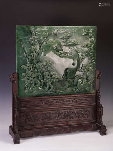 A CHINESE SPINACH JADE LARGE TABLE SCREEN CARVING MOUNTIANS FOREST GAOSHI