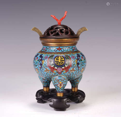 A CHINESE CLOISONNE ENAMEL ENTWINE BRANCHES LOTUS PATTERN INCENSE BURNER