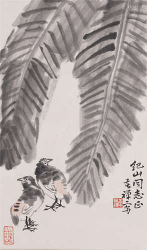 CHINESE SCROLL OF PAINTING BIRD UNDER BANANA LEAF
