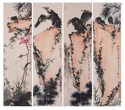 FOUR PANELS OF CHINESE SCROLL COLORFUL PAINTING OF EAGLE FINE WORK
