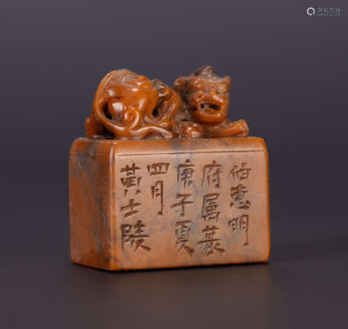 A CHINESE TIANHUANG BEAST HANDLE SEAL CARVED WORDS