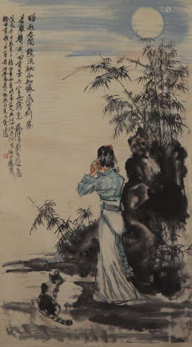 CHINESE SCROLL PAINTING OF LADY AND CAT