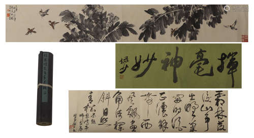 CHINESE LONG SCROLL PAINTING OF BIRDS PLANTAINS LEAVES AND CALLIGRAPHY