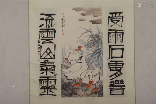 CHINESE SCROLL PAINTING OF WHITE GEESE AND CALLIGRAPHY