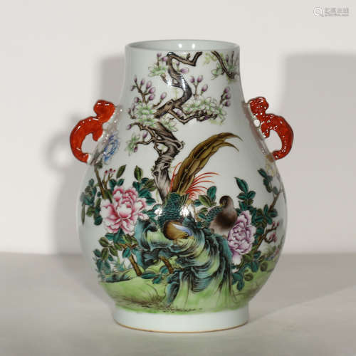 CHINESE FAMILLE ROSE PORCELAIN DOUBLE EARS ZUN WITH FLOWER AND BIRD PATTERN