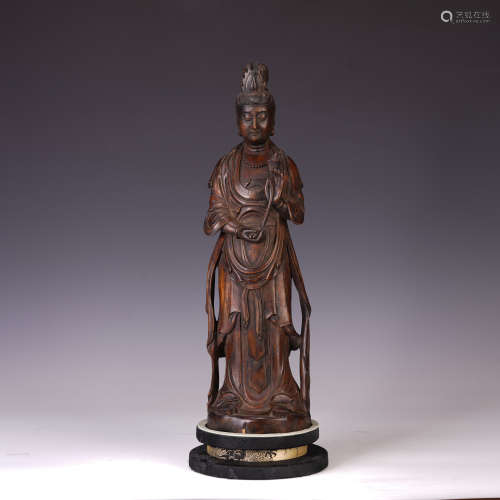 A CHINESE AGARWOOD GUANYIN STANDING STATUE