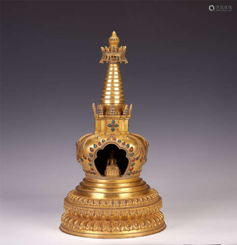 A CHINESE GILT BRONZE BUDDHA TOWER AND SAKYAMUNI BUDDHA