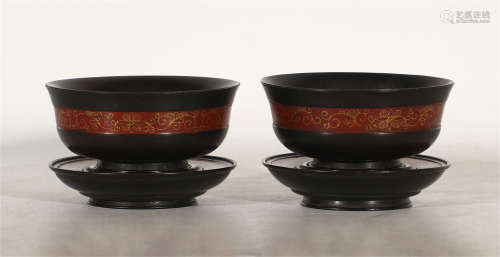 PAIR OF CHINESE RED SANDALWOOD CUPS WITH CUPHOLDER