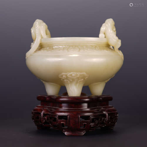 A CHINESE DOUBLE DRAGON HANDLE TRIPOD WHITE JADE CENSER